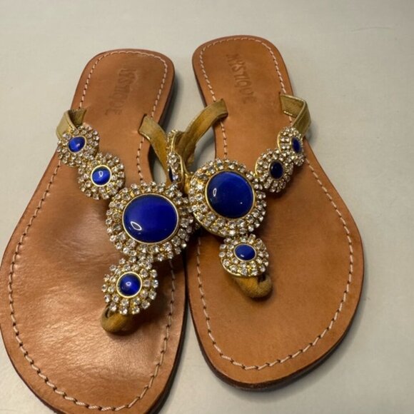 Tan Leather Sandals w/ Royal Blue and Silver Crystals - Size 6 | Chic & Elegant - Picture 1 of 5